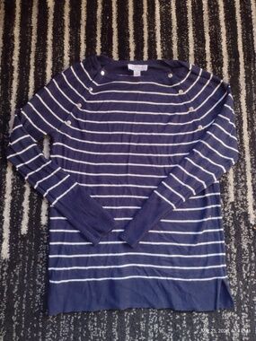 Motherhood Maternity Nursing Top EUC Sweater Stripe Snaps Split Hem Modest Navy